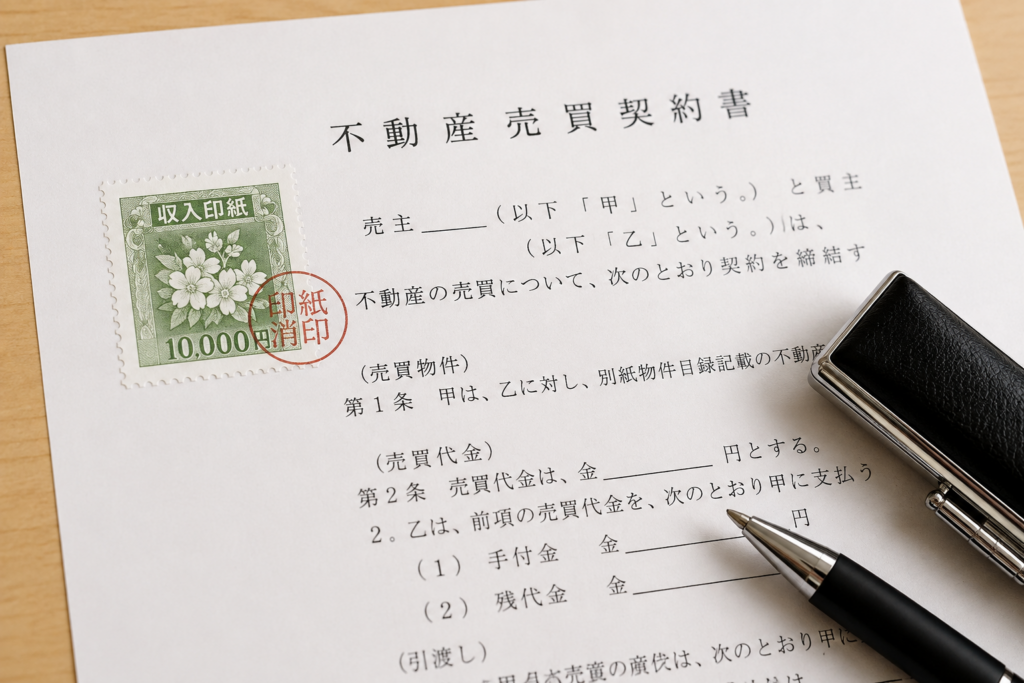 収入印紙が貼られた不動産売買契約書