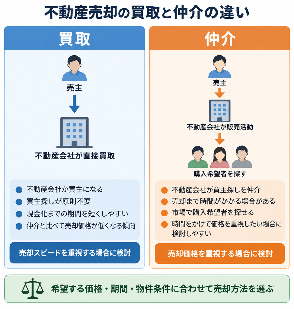 不動産売却の買取と仲介について売却期間や価格、買主探しの違いを比較した図解
